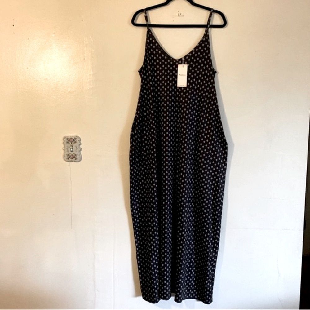 NWT Poetsky Maxi Dress Pockets Adjustable Straps Black Floral Print Sz XL